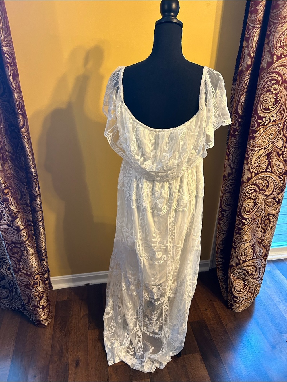 White Lace Maxi Dress with Sheer Overlay - Elegant Women's Dress - Picture 2 of 6